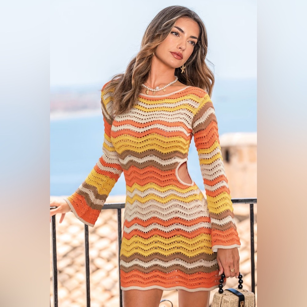 Striped cover-up mini dress, crocheted mini dress, retro swim cover up